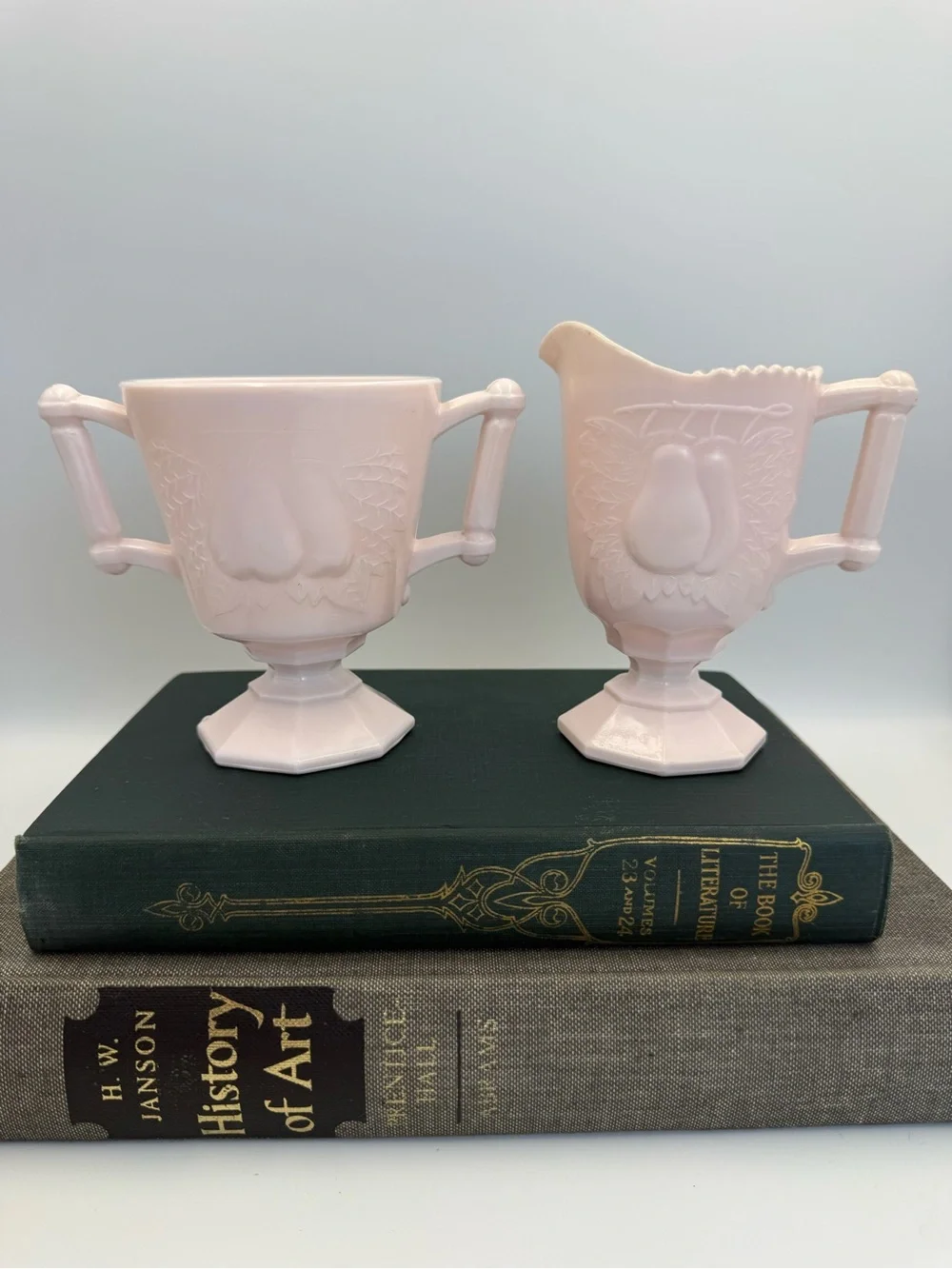 Jeannette Baltimore Pear Pink Milk Glass Set of Creamer and Sugar Bowl